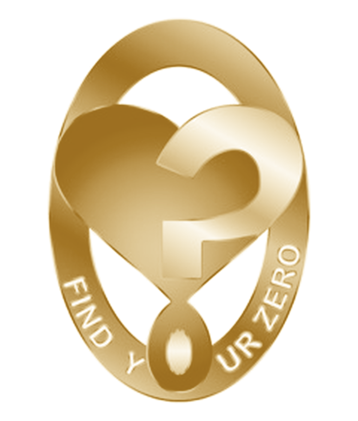Find Your Zero gold oval symbol with heart, question mark and zero